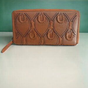 VILENCA Holland Cognac Genuine Leather Large Zip Round Peacock Stitch Wallet
